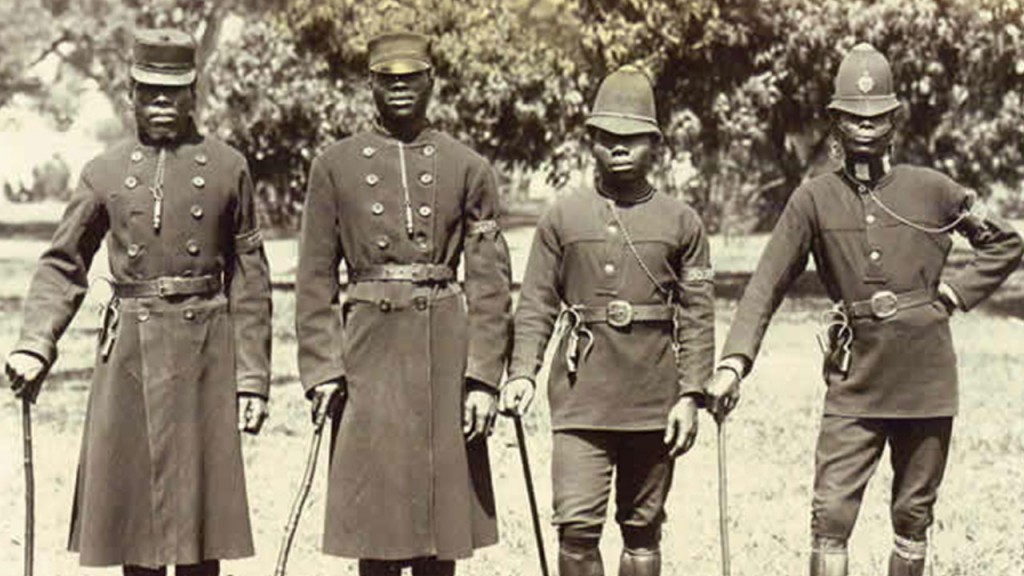 African police officers in service of the British Empire, circa 1900.