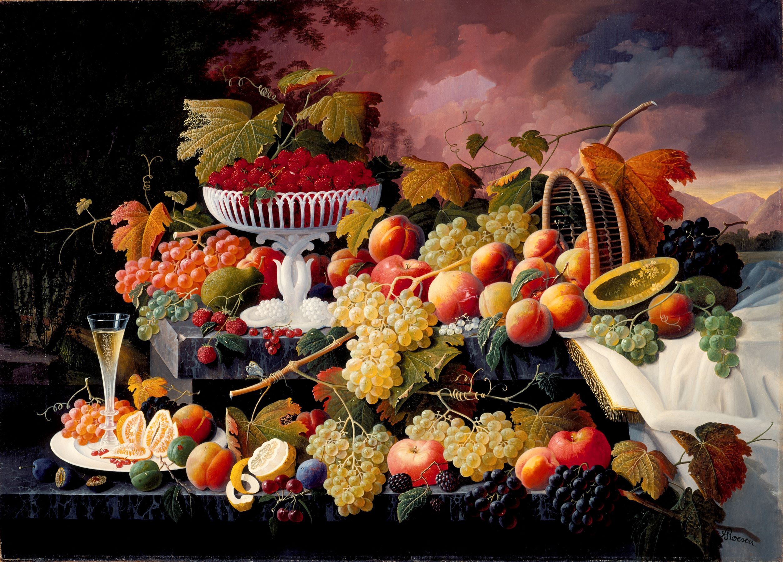 “Fruit Still Life in a Landscape” by Severin Roesen